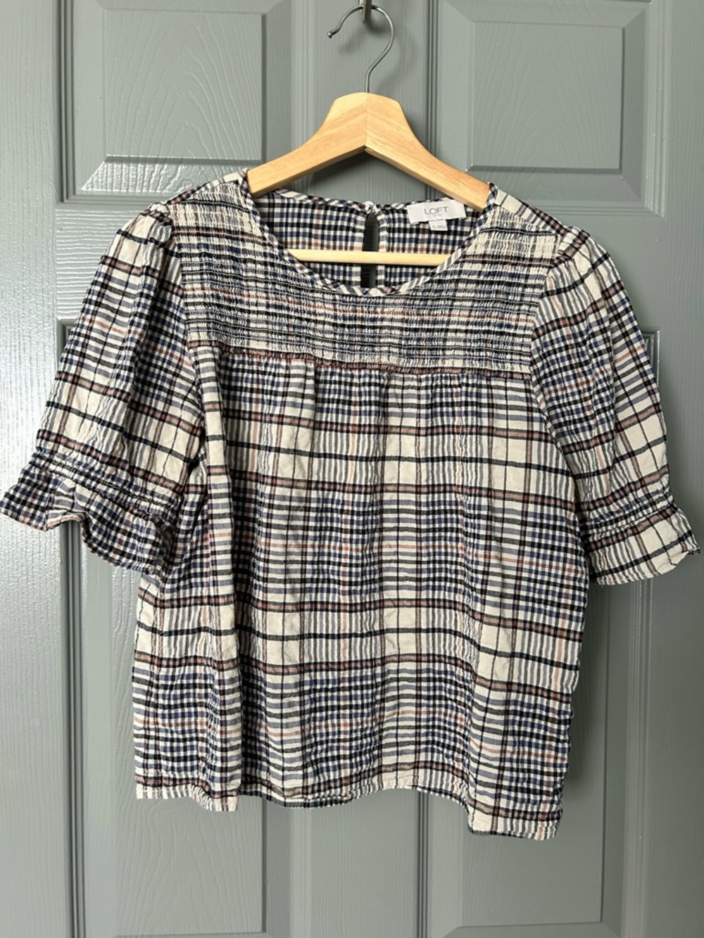 LOFT Cream Plaid Short Puff Sleeve Smocked Yoke Blouse
